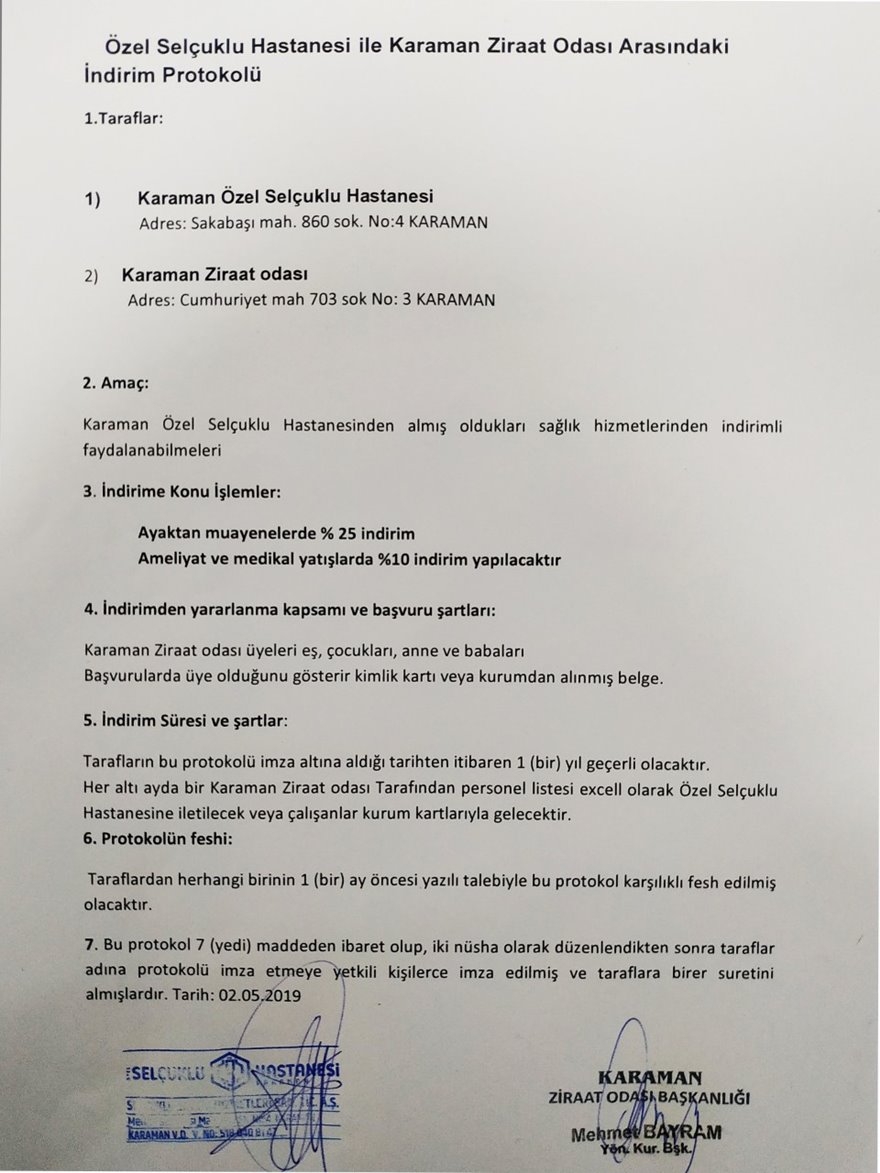 Özel Selçuklu Hastanesi İle Karaman Ziraat Odası Arasında 37 Bin Kişiyi 5