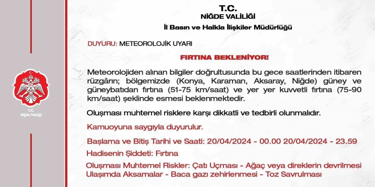 Niğde Valiliği’nden Fırtına Uyarısı