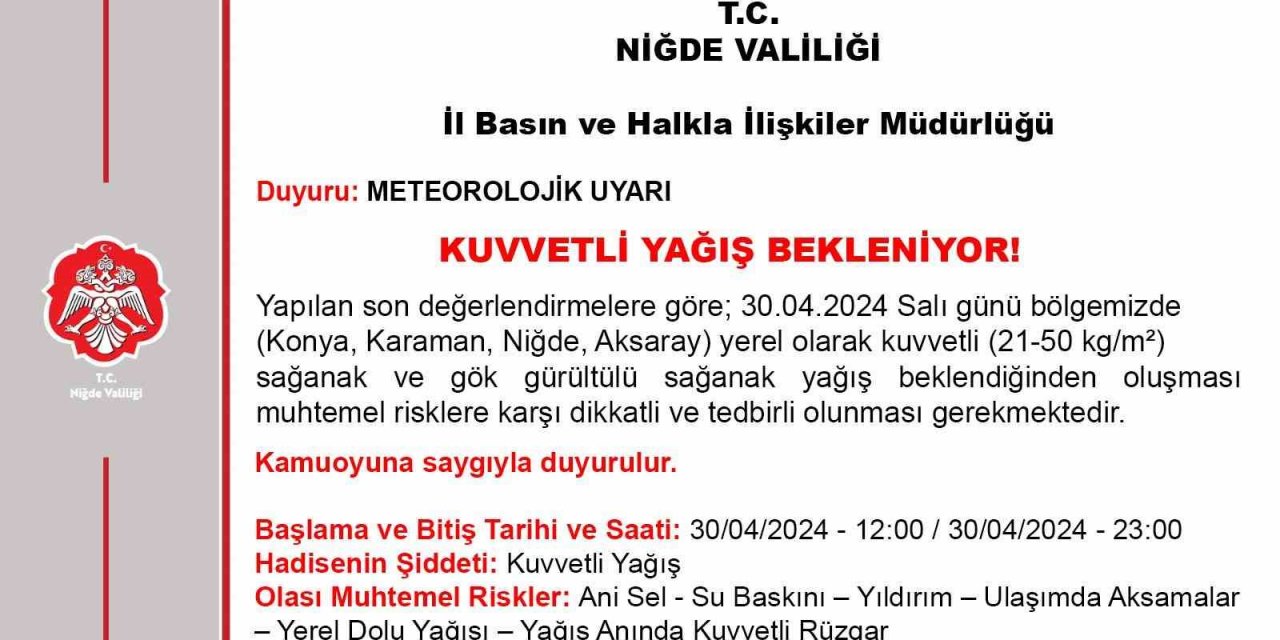 Niğde Valiliği’nden "kuvvetli Yağış" Uyarısı