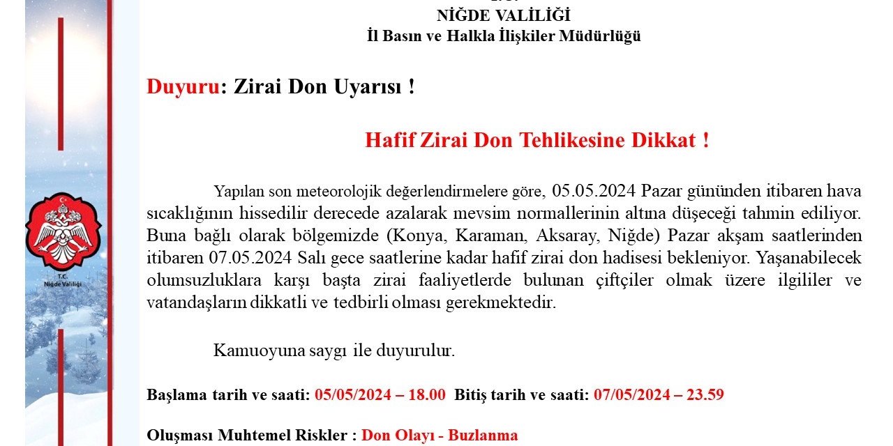 Niğde Valiliği Uyardı Zirai Don Uyarısı Yaptı