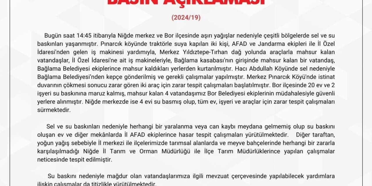 Niğde Valiliğinden "sel" Açıklaması
