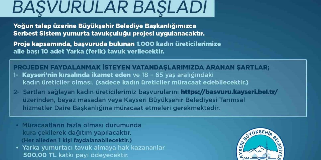 Büyükşehir’in Serbest Sistem Yumurta Tavukçuluğu Projesi’ne Müracaatlar Başladı