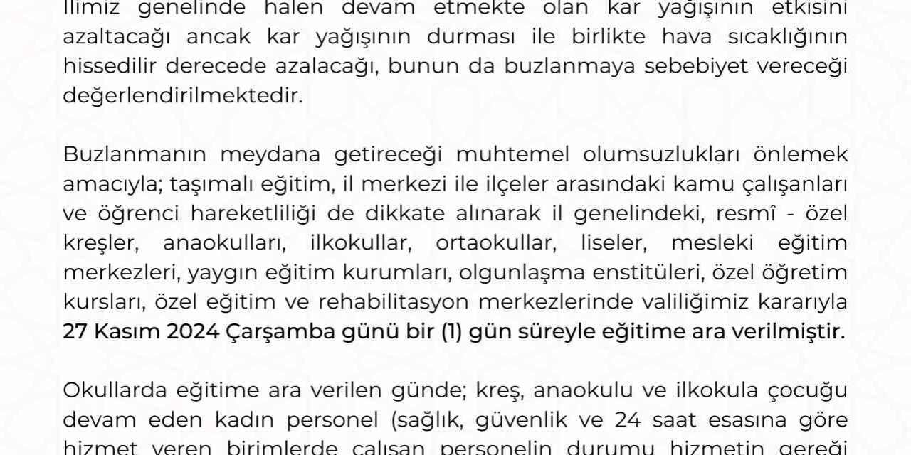 Kayseri’de Kar Nedeni İle Eğitime 1 Gün Daha Ara Verildi