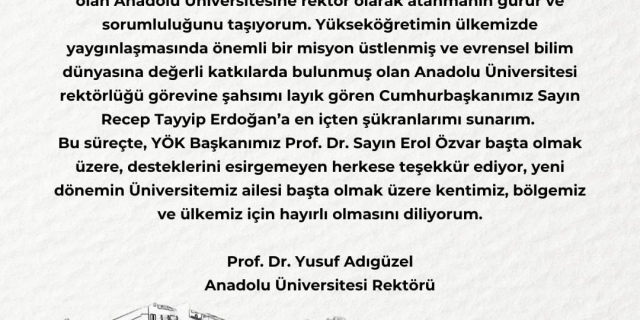 Anadolu Üniversitesi Rektörlüğüne Prof. Dr. Yusuf Adıgüzel Atandı