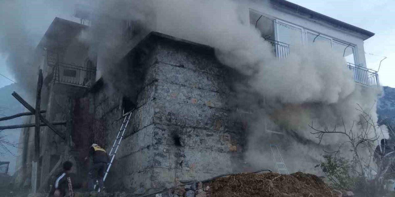 Gazipaşa’da İki Katlı Müstakil Evde Çıkan Yangında Ahırda Bulunan İnek Ve Buzağı Telef Oldu