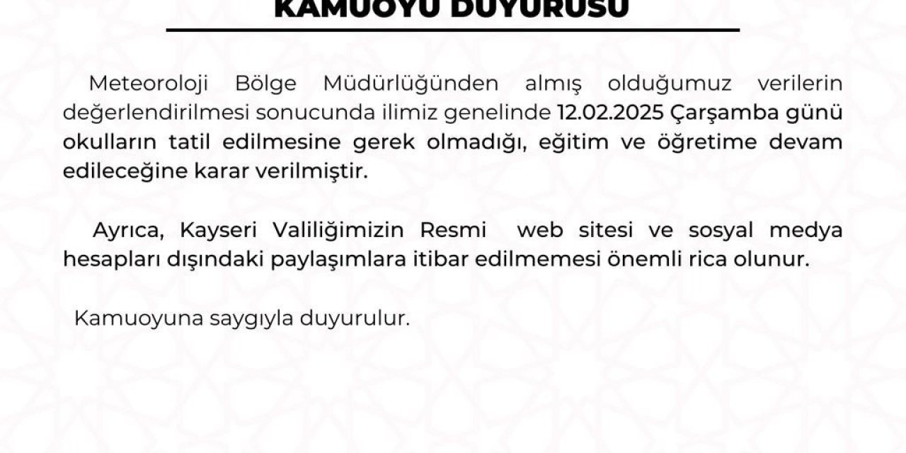 Kayseri’de Eğitime Kar Tatili Yok