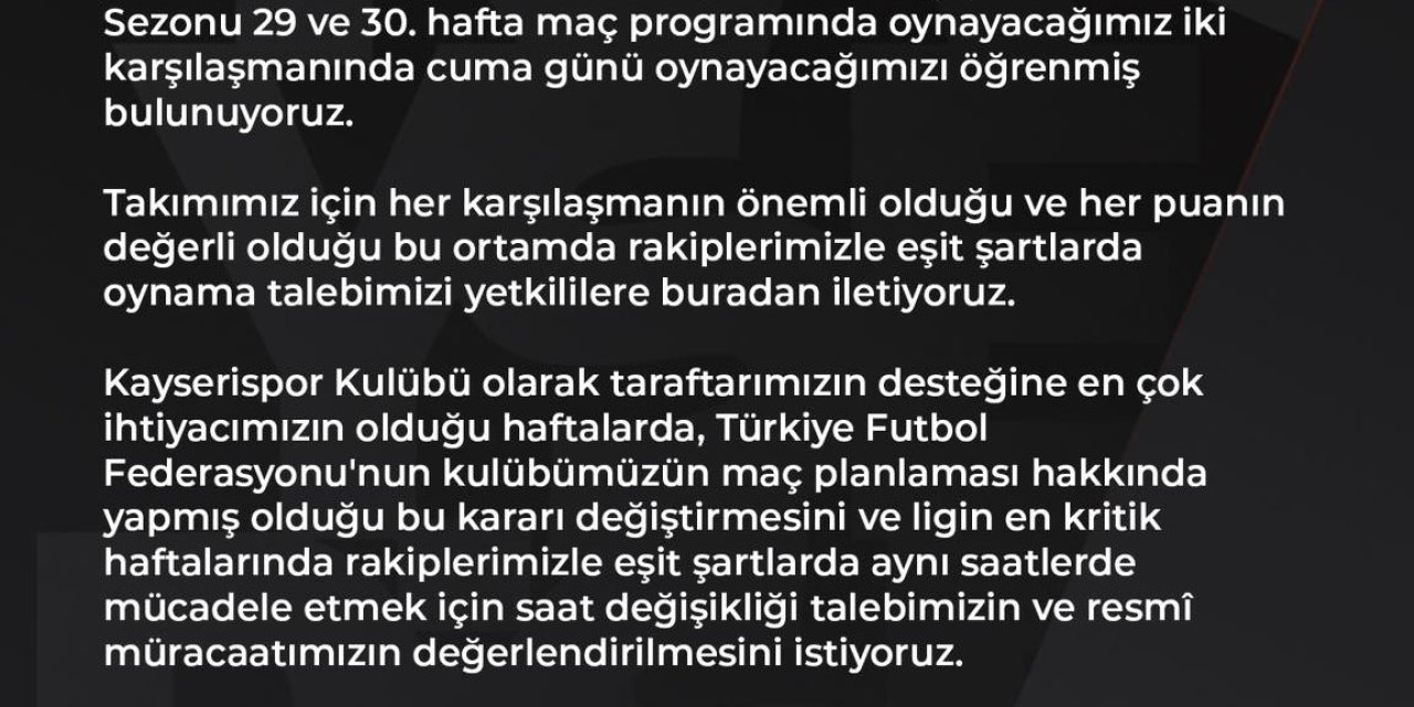 Kayserispor, Hatayspor Maçının Saatinde Değişiklik İstedi