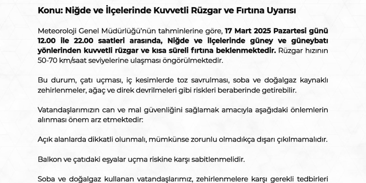 Niğde Ve İlçelerinde Kuvvetli Rüzgar Ve Fırtına Bekleniyor