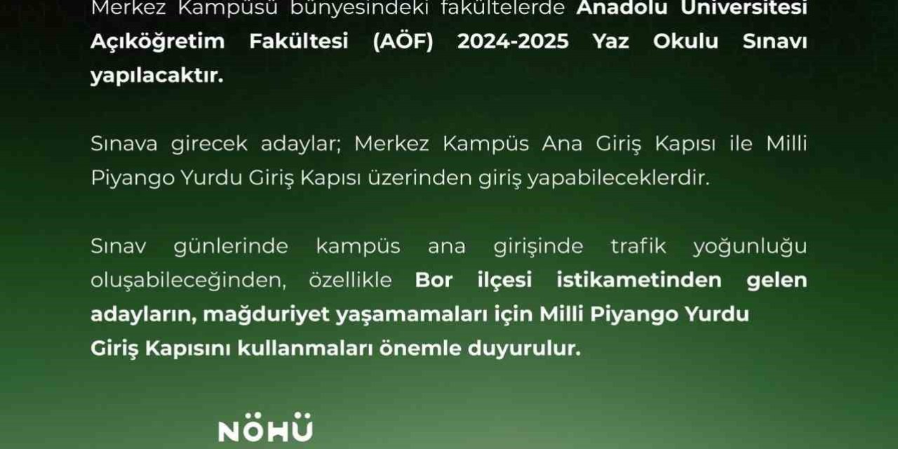 Niğde Valiliği’nden Aöf Sınavında Giriş Yönlendirmesi Uyarısı