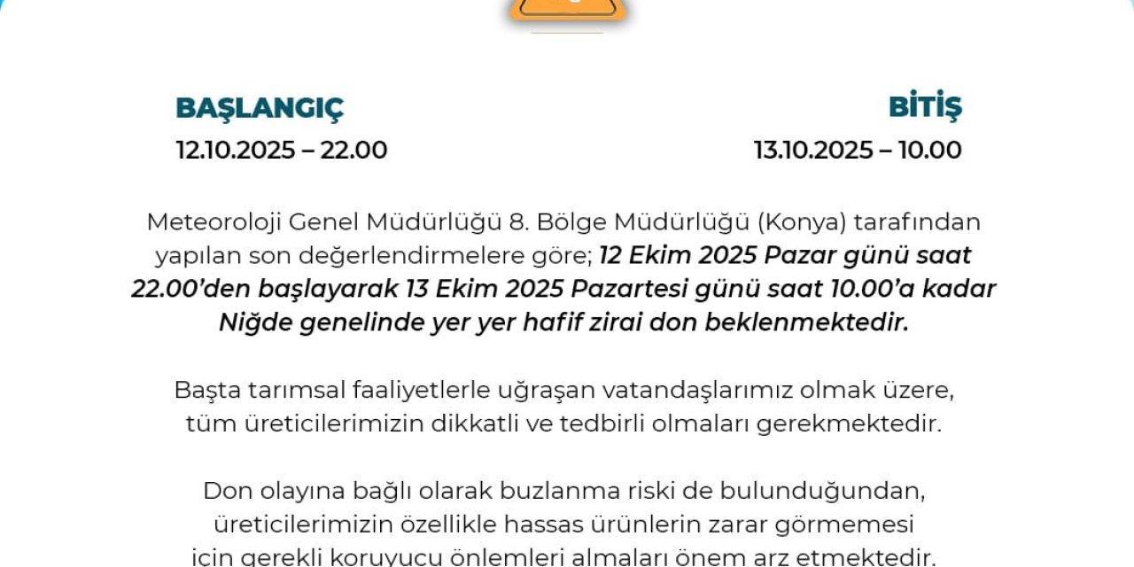 Niğde Valiliğinden Zirai Don Uyarısı