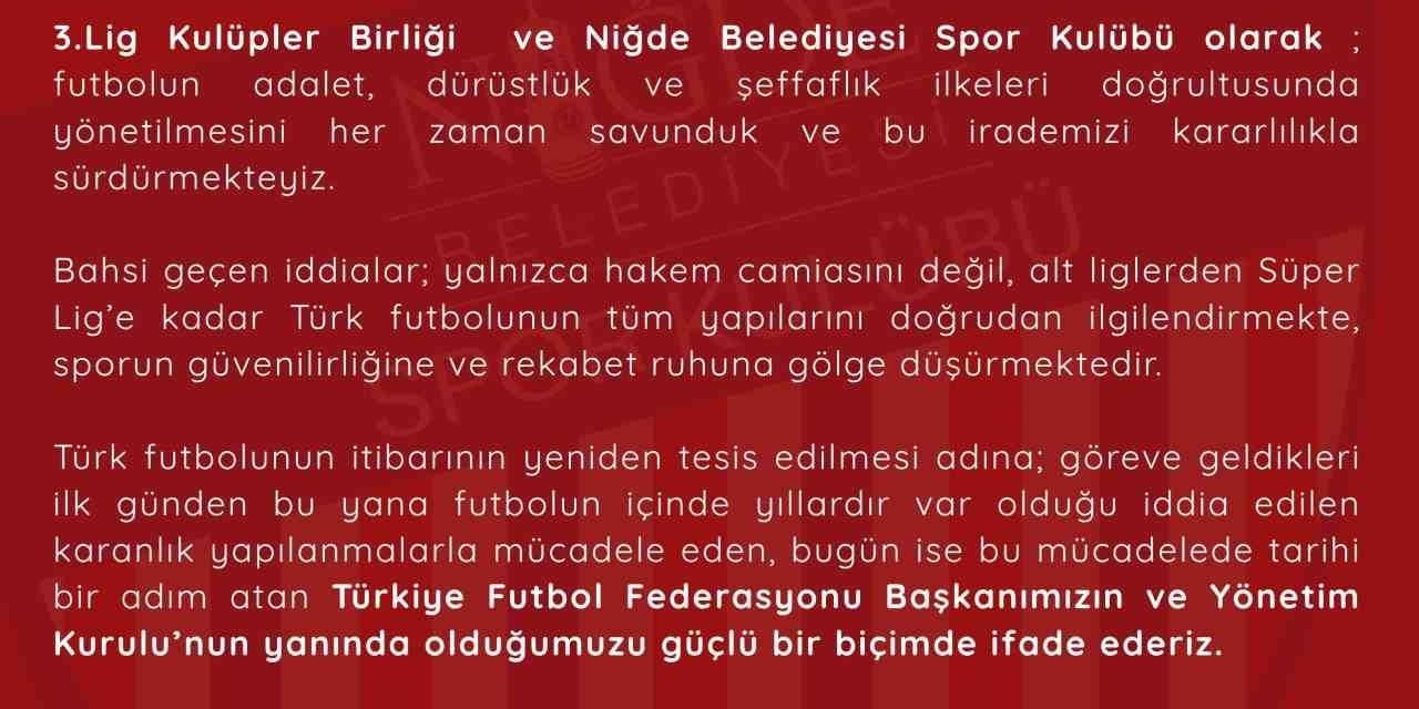 Niğde Belediyespor’dan TFF Başkanı Hacıosmanoğlu’na Destek Açıklaması