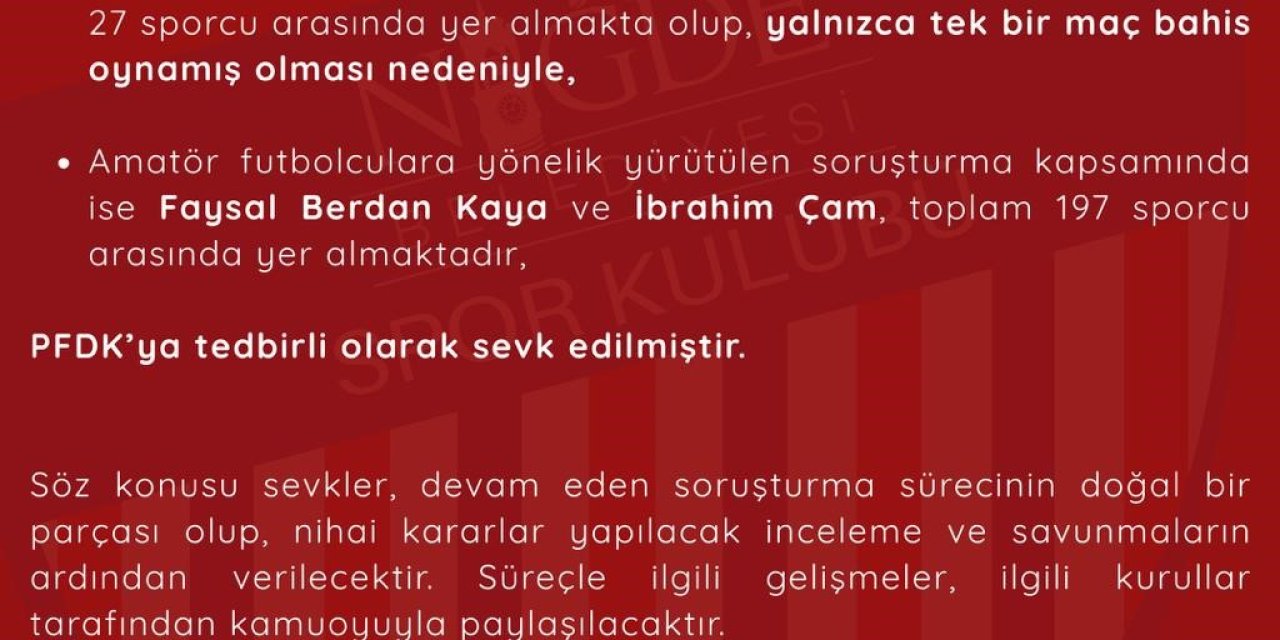 Niğde Belediyespor’dan Futbolcularla İlgili Bahis Soruşturmasına İlişkin Açıklama