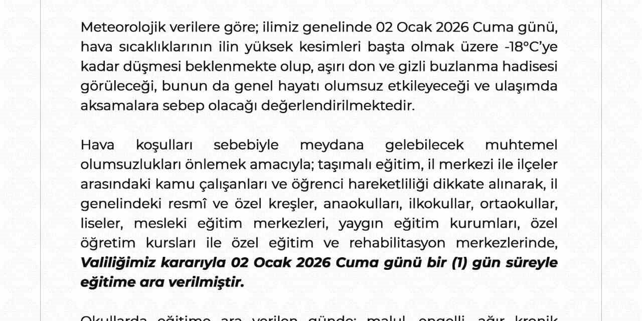 Niğde’de Eğitime 1 Gün Ara Verildi