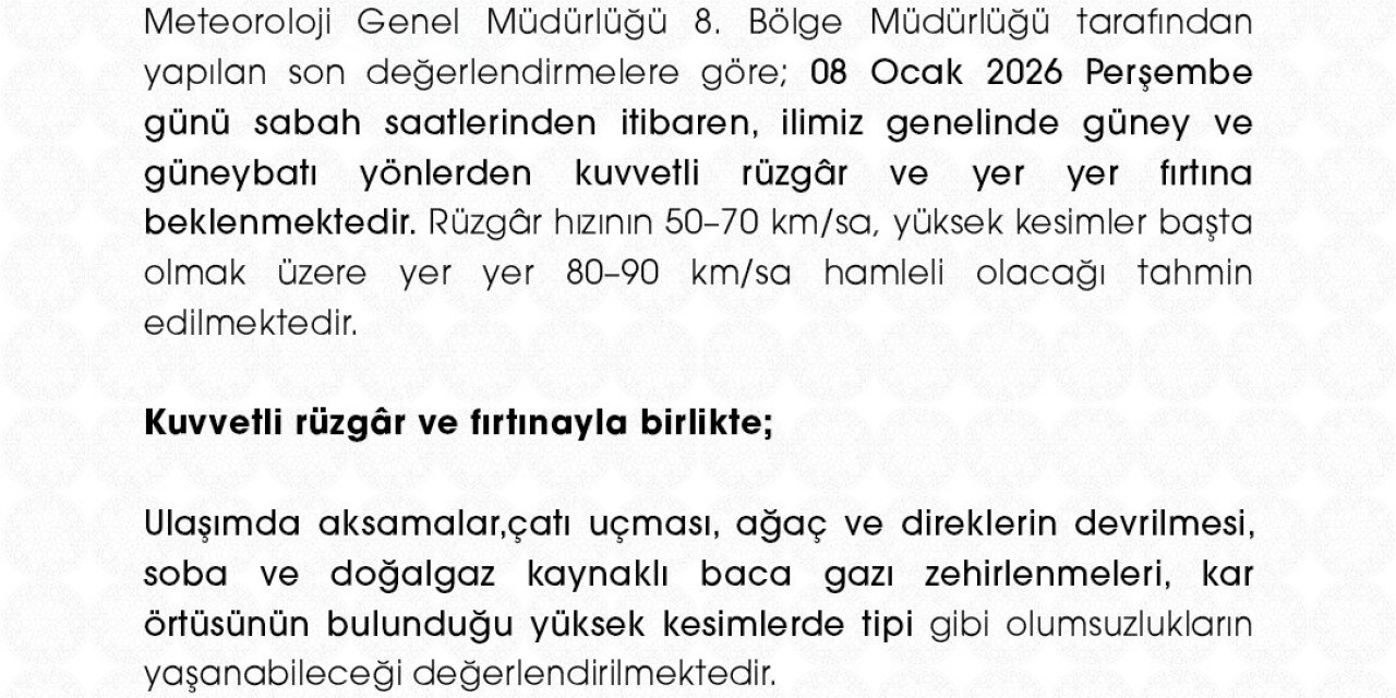 Niğde’de Kuvvetli Rüzgar ve Fırtına Uyarısı