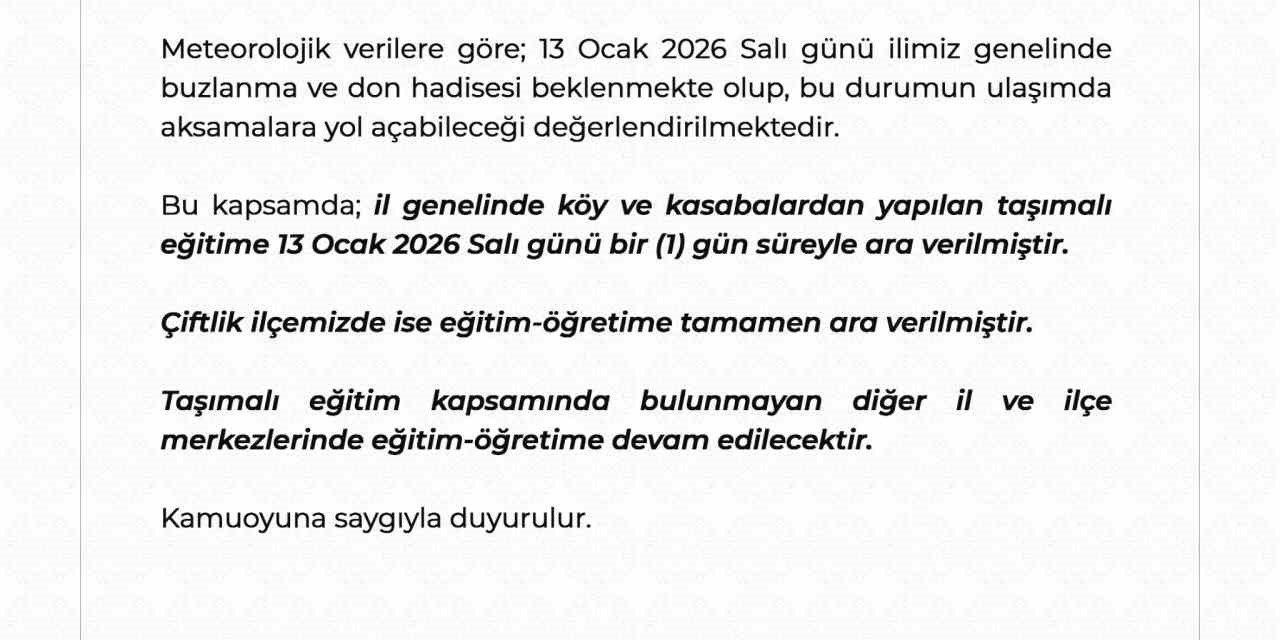 Niğde’de Buzlanma Nedeniyle Taşımalı Eğitime 1 Gün Ara Verildi