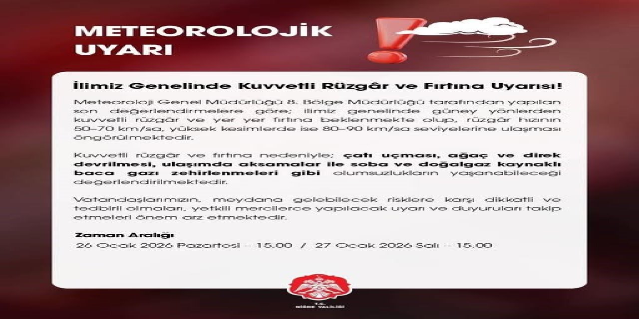 Niğde Valiliği Uyardı: Kuvvetli Rüzgar Ve Fırtına Bekleniyor