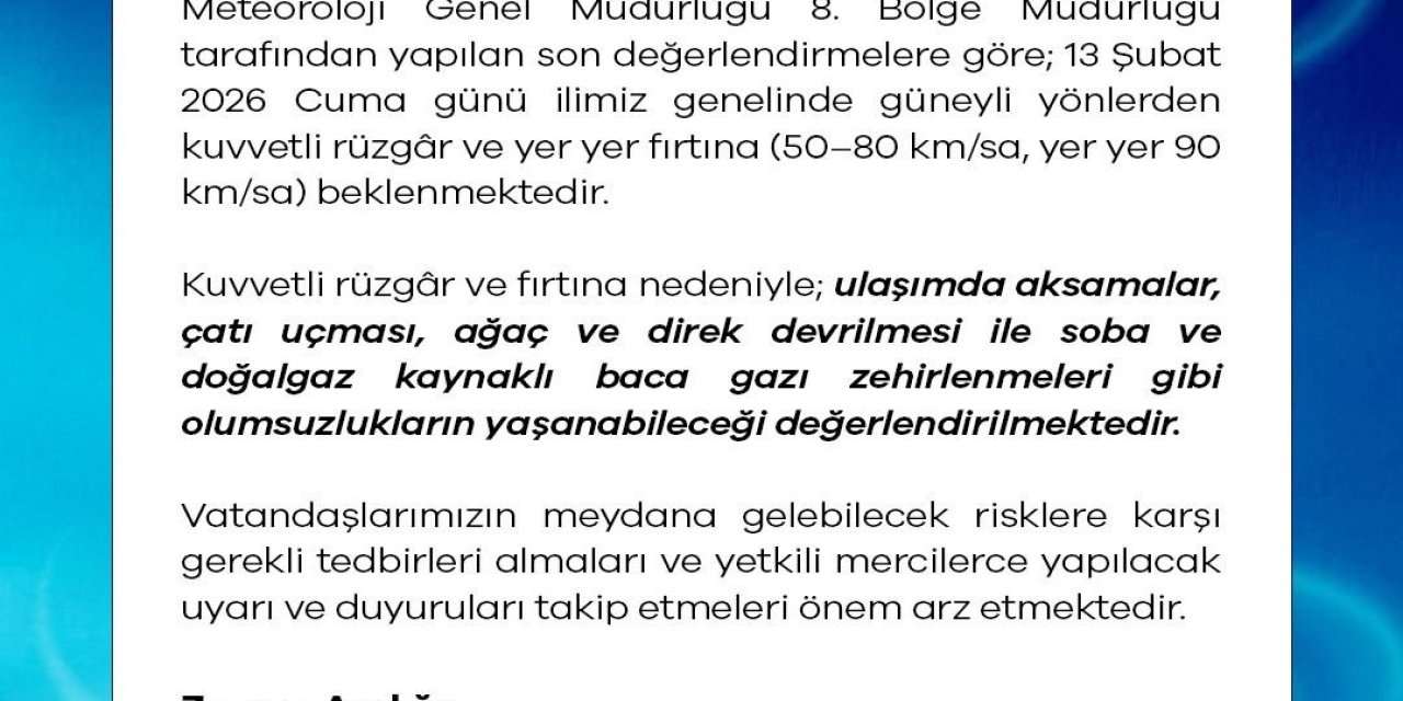 Niğde Valiliğinden Fırtına Uyarısı