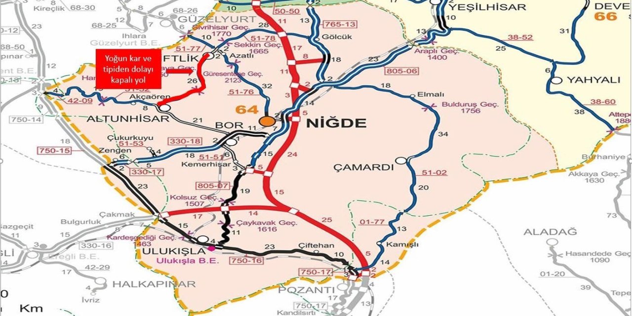 Niğde’de Yoğun Kar Yağışı Nedeniyle İki Yol Trafiğe Kapatıldı