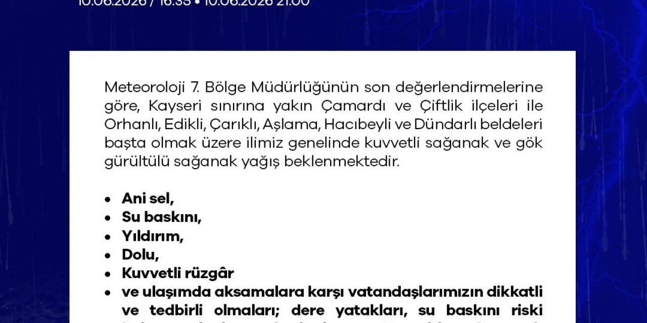 Niğde İçin Kuvvetli Yağış Uyarısı