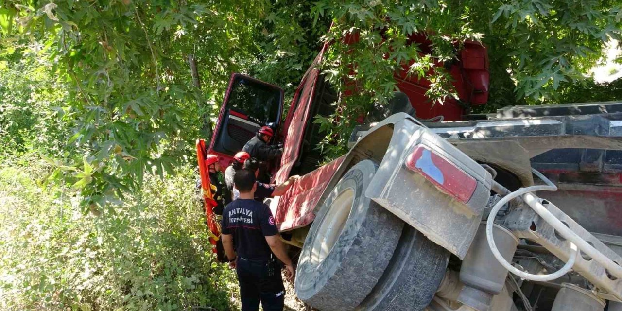 Devrilen Çekici Çınar Ağacına Takıldı Sürücü Araç İçinde Sıkıştı