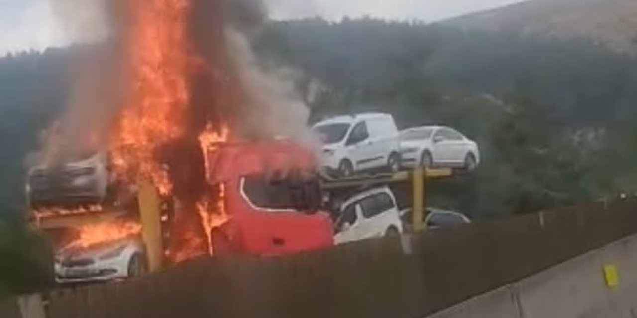 Otoyolda Otomobil Taşıyan Tırda Yangın