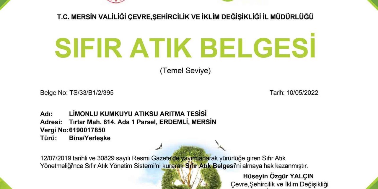 Meski Limonlu-kumkuyu Atıksu Arıtma Tesisine ‘sıfır Atık Belgesi’ Verildi
