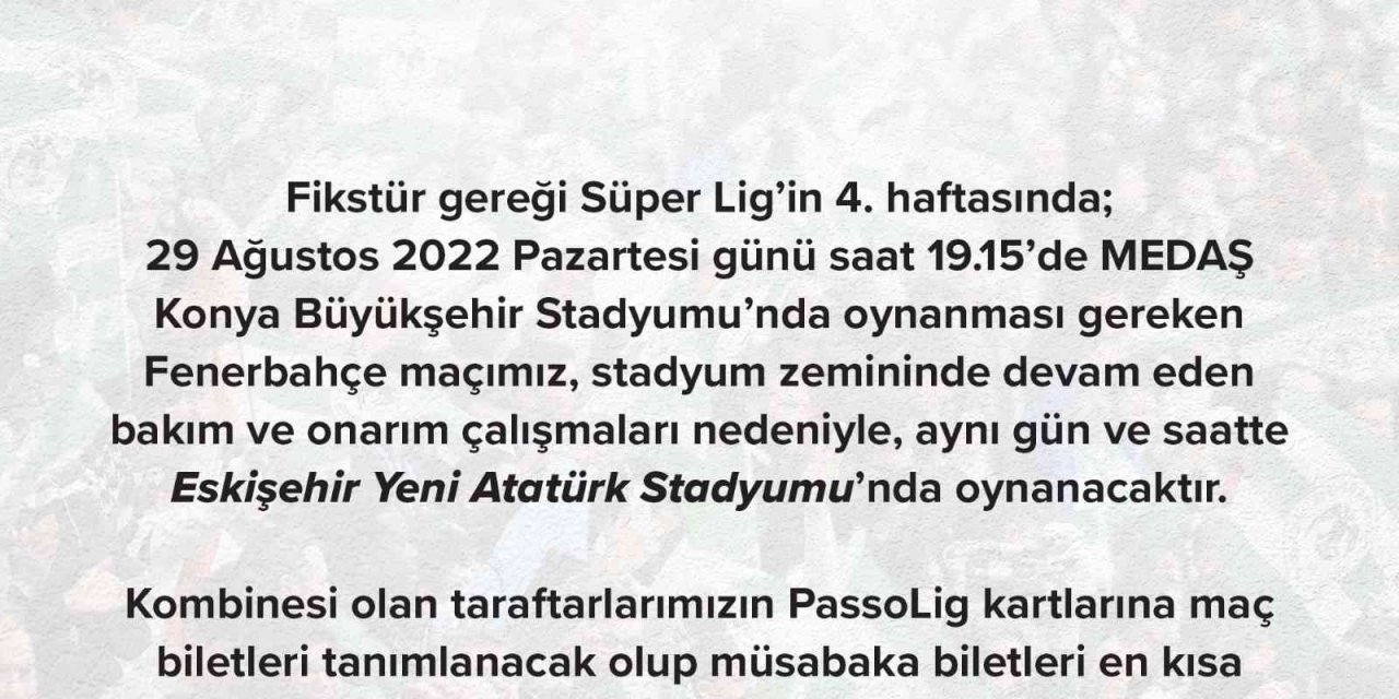 Fenerbahçe İlk Kez Eskişehir Yeni Stadyumu’nda Maça Çıkacak