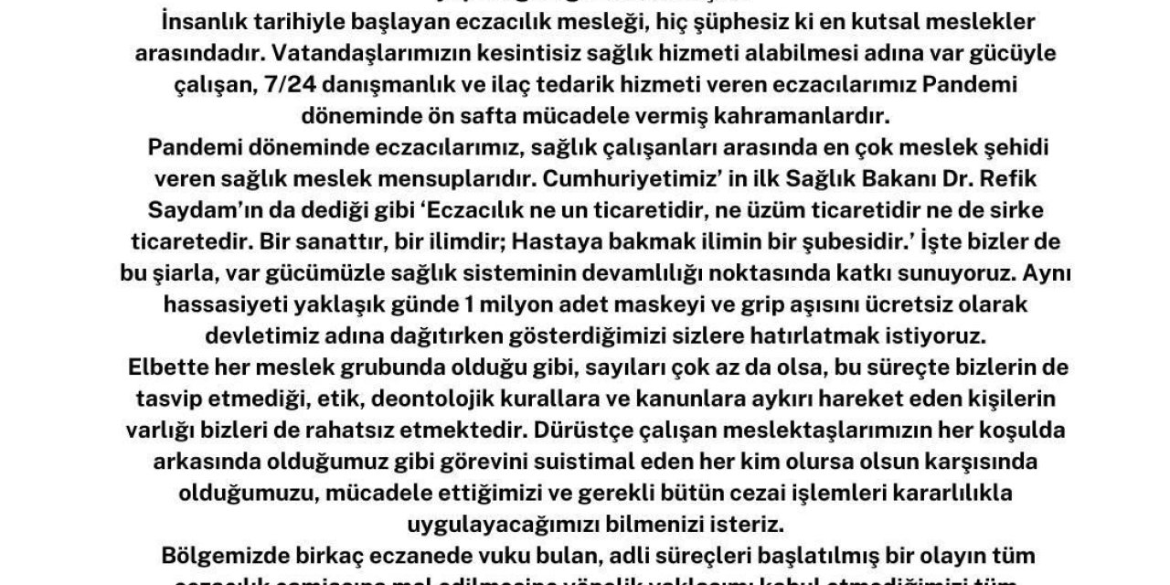 Kayseri Eczacı Odası: “operasyonun Eczacı Camiasına Mal Edilmesini Kabul Etmiyoruz”