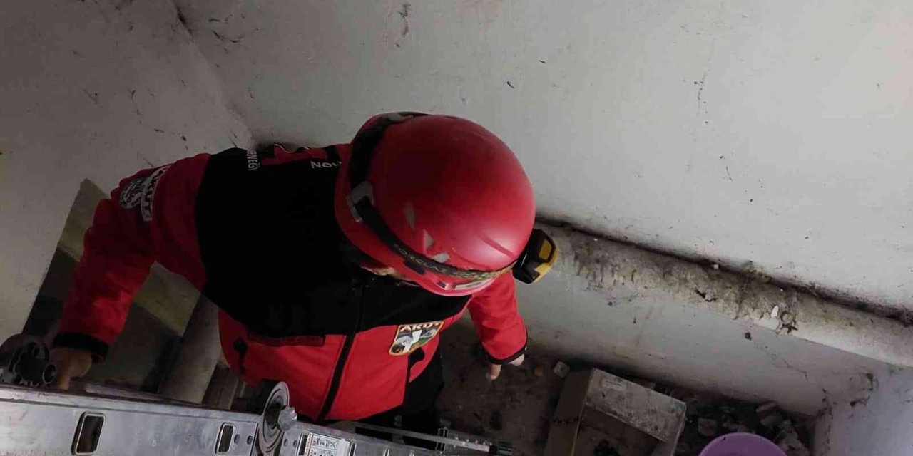 Apartman Boşluğunda Mahsur Kalan Kediyi Akut Ekibi Kurtardı