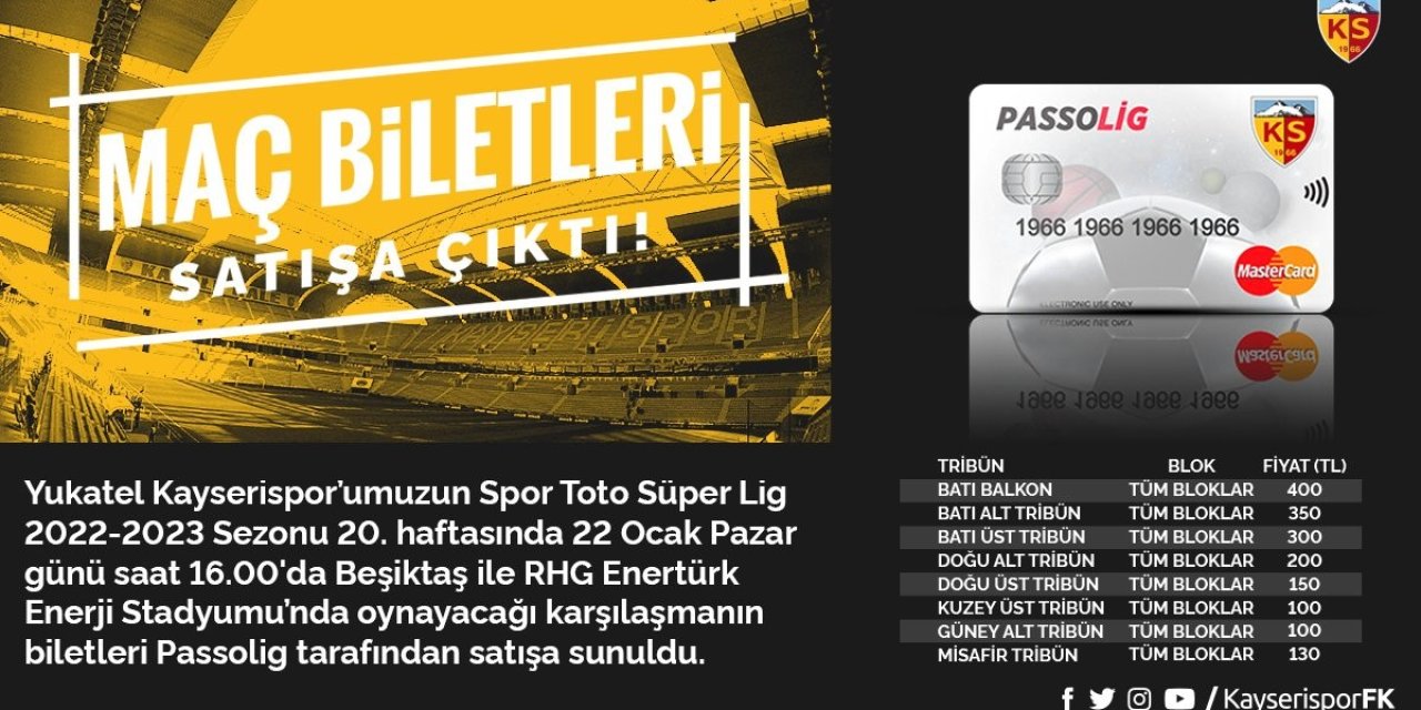 Kayserispor - Beşiktaş Maçı Bilet Fiyatları Belli Oldu