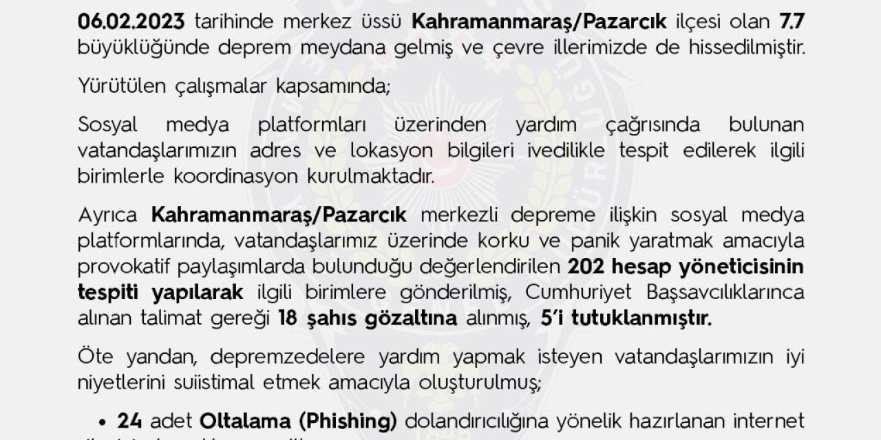 Egm: “yardımsever Vatandaşlarımızın İyi Niyetini Suistimal Etmek İsteyen İnternet Sitelerinin Kapatılması Sağlandı”