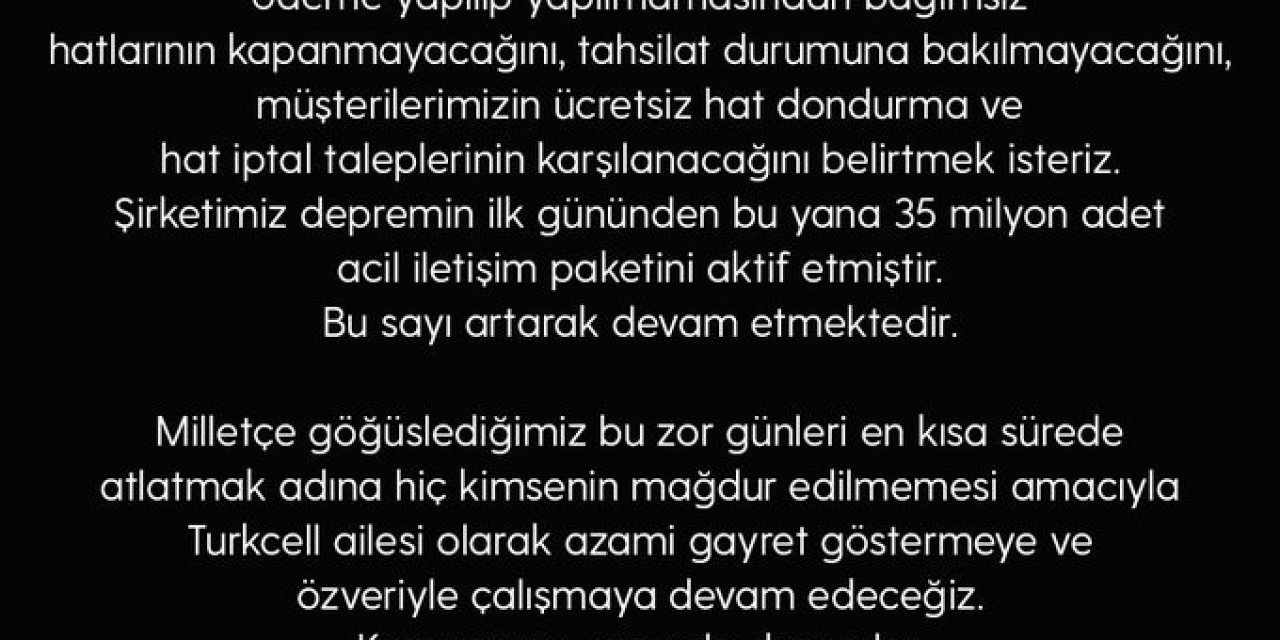 Turkcell’den Deprem Bölgesindeki Faturaların Tahsilatı İle İlgili Açıklama
