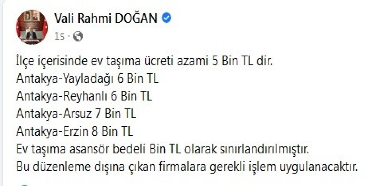 Hatay’da Ev Taşıma Ücretine Azami Sınır Getirildi