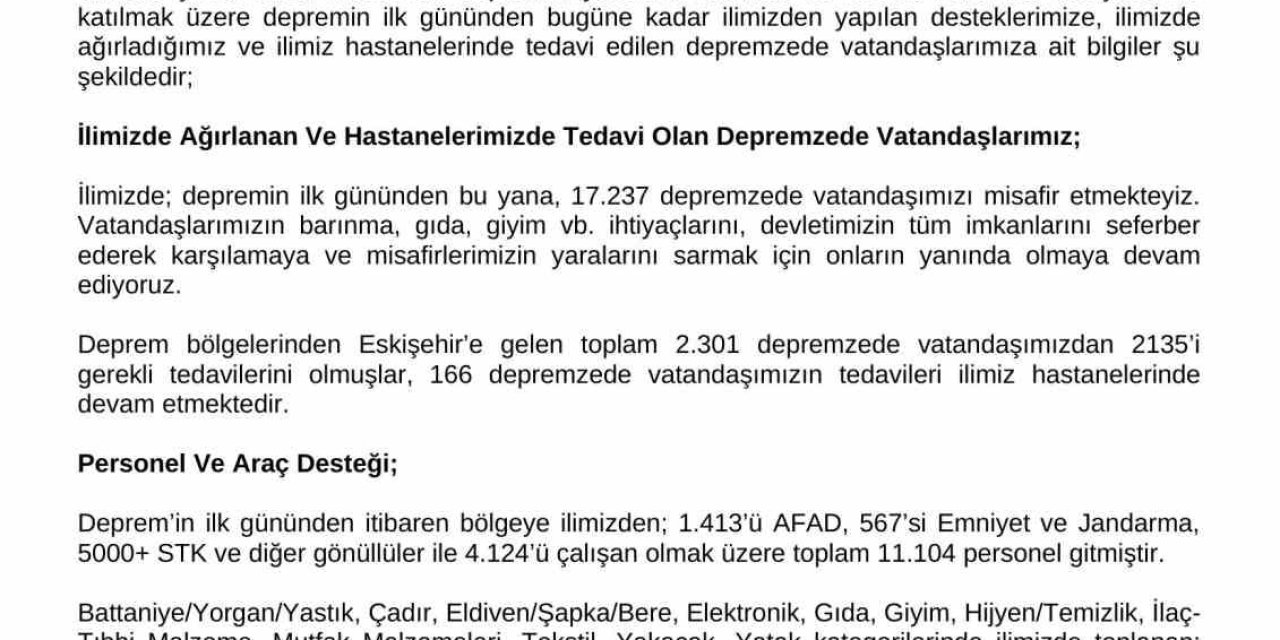 Eskişehir Valiliği 17 Bin 237 Depremzedenin Misafir Edildiğini Açıkladı