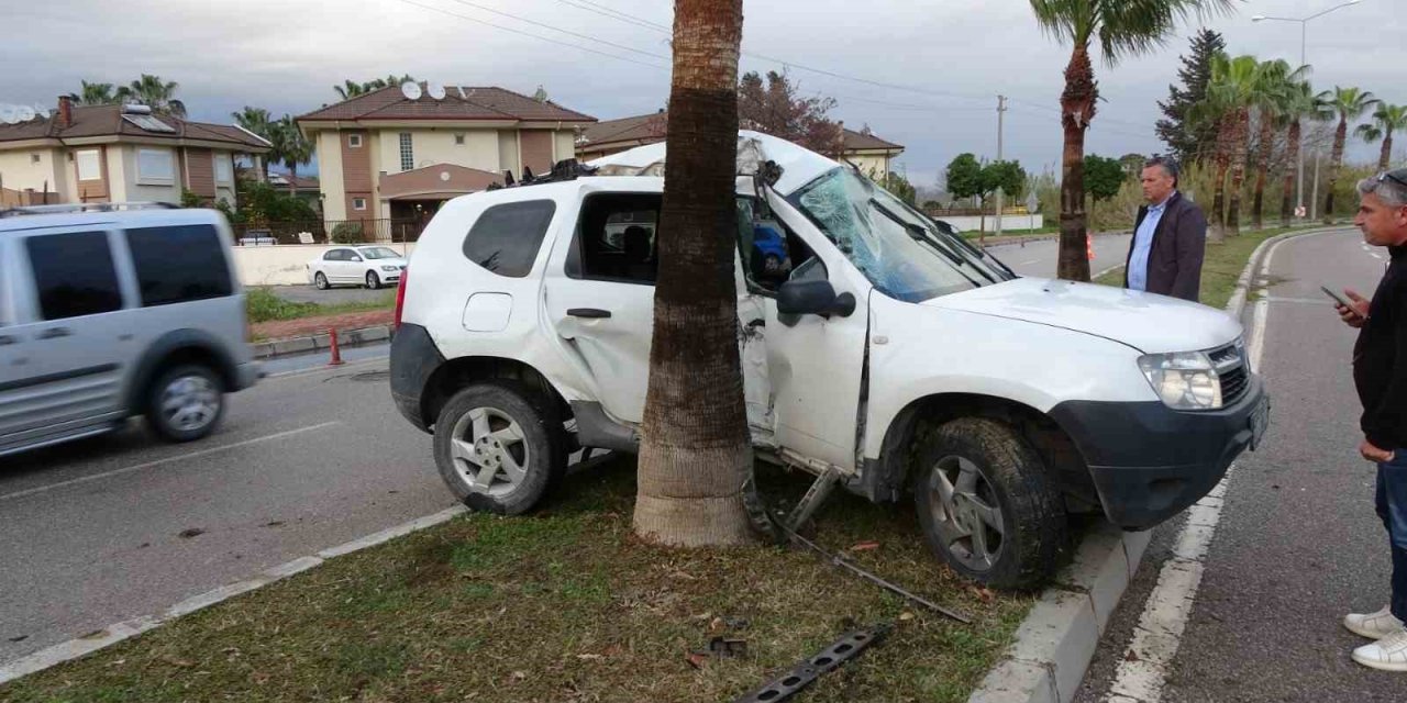 Otomobil Palmiyeye Çarptı, Sürücü Yaralandı