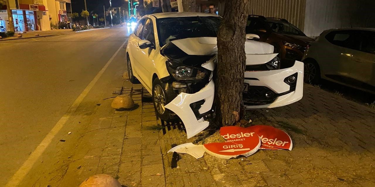 Kontrolden Çıkan Otomobil Yol Kenarındaki Ağaca Çarparak Durabildi