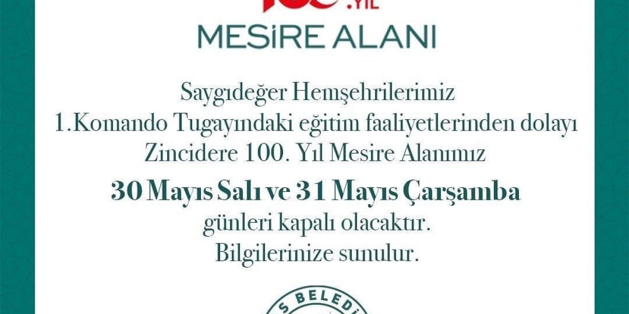 Zincidere Mesire Alanı 2 Gün Kapalı Olacak