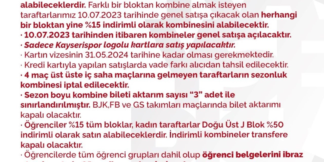 Kayserispor, Kombine Bilet Fiyatlarını Belirledi