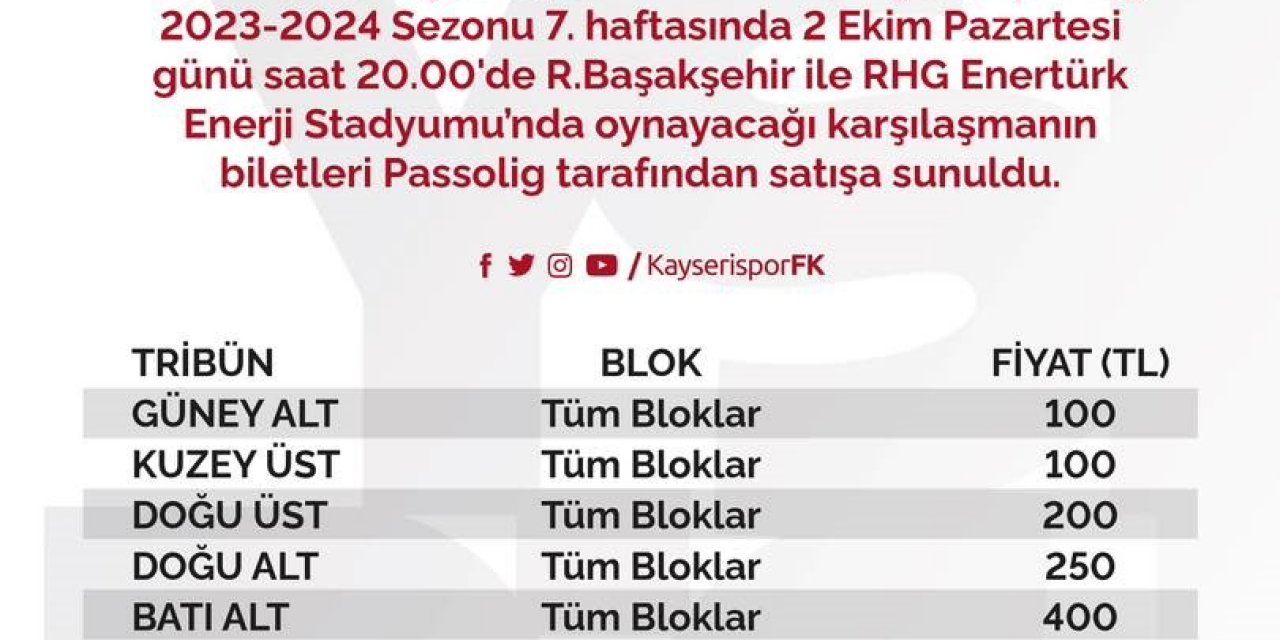 Kayserispor-başakşehir Maçının Bilet Fiyatları Belli Oldu