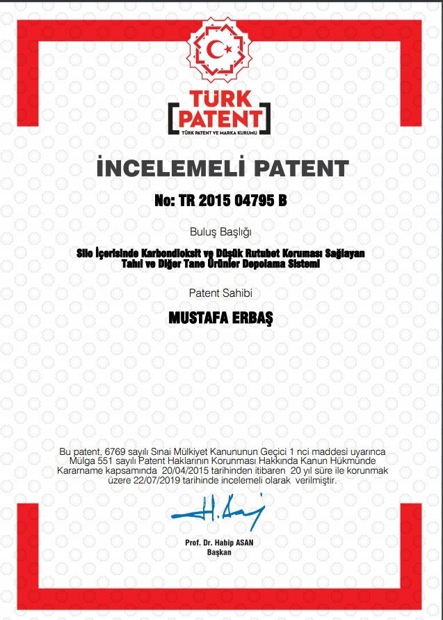 Tahıl Depolama Sistemine Türk Patent ve Marka Kurumu Tarafından Tescil Edildi