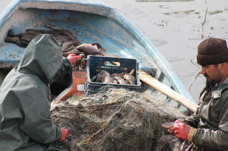 Göle Serilen Ağlar Buz Tuttu, Balıkçıların Mesaisi Zorlaştı