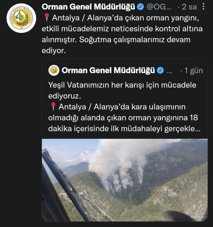Antalya’da Dün Başlayan Yangın Bugün Kontrol Altına Alındı