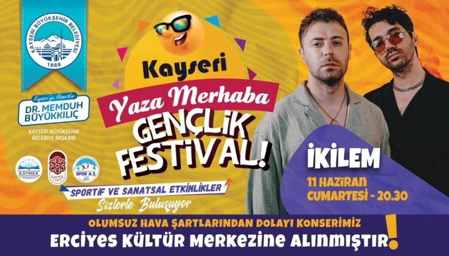 Büyükşehir’in Hafta Sonu Gerçekleşecek Gençlik Festivali Konserleri Erciyes Kültür Merkezi’ne Alındı