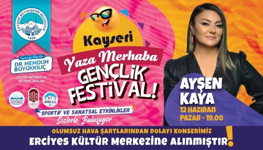 Büyükşehir’in Hafta Sonu Gerçekleşecek Gençlik Festivali Konserleri Erciyes Kültür Merkezi’ne Alındı