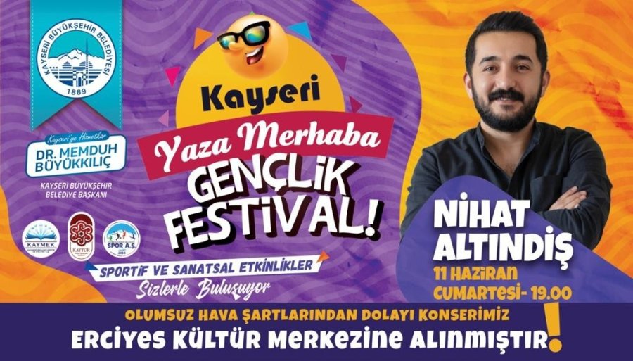 Büyükşehir’in Hafta Sonu Gerçekleşecek Gençlik Festivali Konserleri Erciyes Kültür Merkezi’ne Alındı