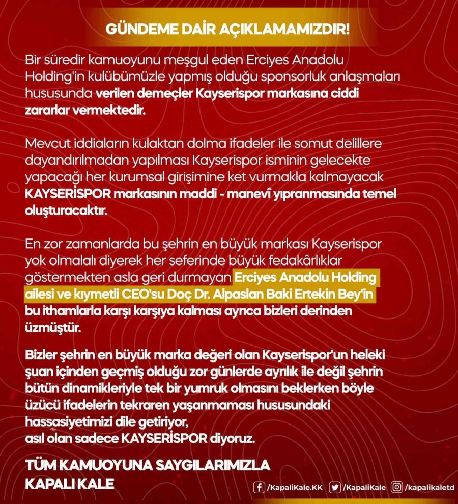Kayserispor Taraftarından Bildiri