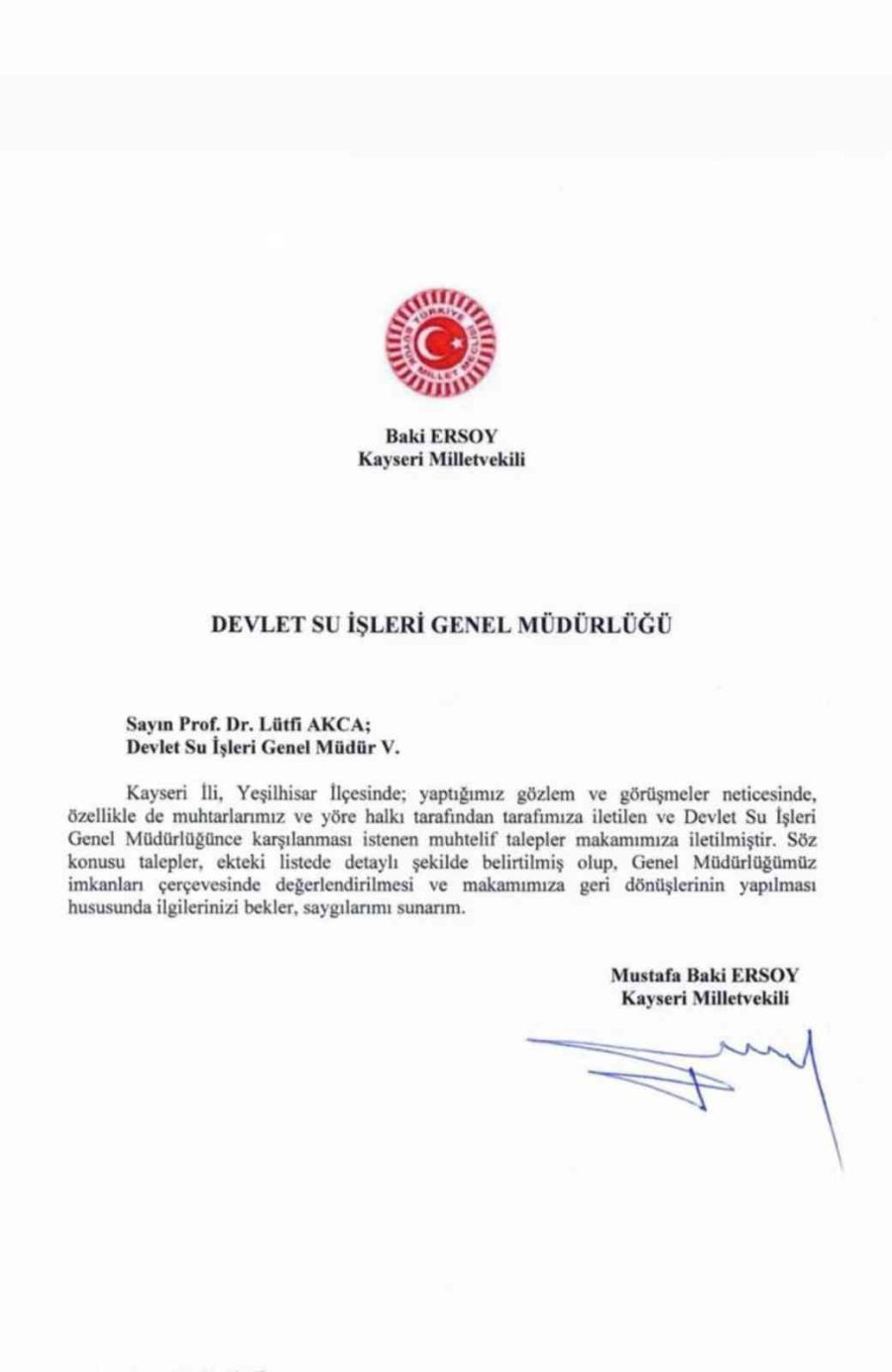 Baki Ersoy, Yeşilhisar Halkının Sorunlarını Dsi’ye İletti