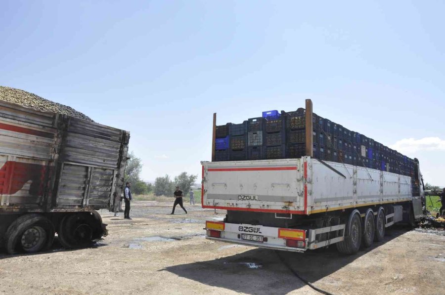 Park Halindeki Kayısı Yüklü Tır Yandı, İçinde Uyuyan Sürücü Son Anda Dışarı Çıktı
