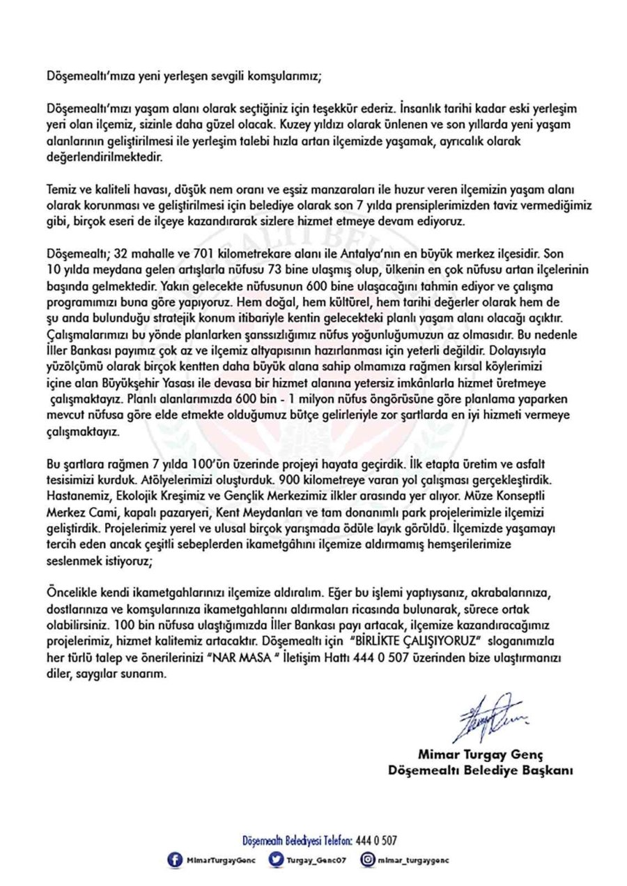 Döşemealtı’na Yeni Taşınan Vatandaşlara Genç’ten ’hoşgeldiniz’ Mektubu