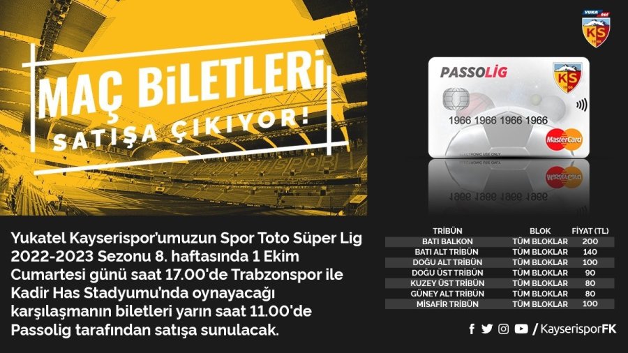 Kayserispor - Trabzonspor Maçı Bilet Fiyatları Belli Oldu